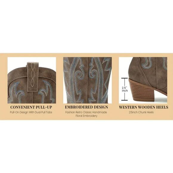 NIB- SZ 9 MidCalf Cowgirl Boots Embroidered Western Pointed Toe Chunky Heel TAN - Picture 5 of 6